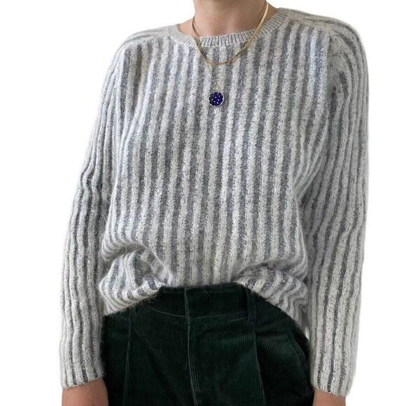 Womens Angora Blend Gray White Stripe Fluffy Fuzzy Soft Crewneck Preppy Sweater - Picture 5 of 7